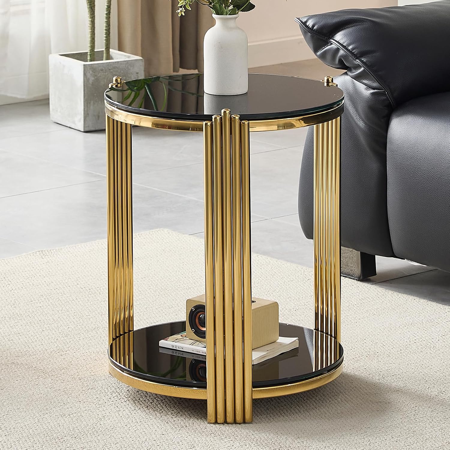 Henf Round Glass End Table Modern Luxury Accent Sofa Side Table, 2-Tier Black Glass End Tables Nightstand with Tempered Glass Top and Shiny Gold Stainless Steel Base for Living Room Bedroom