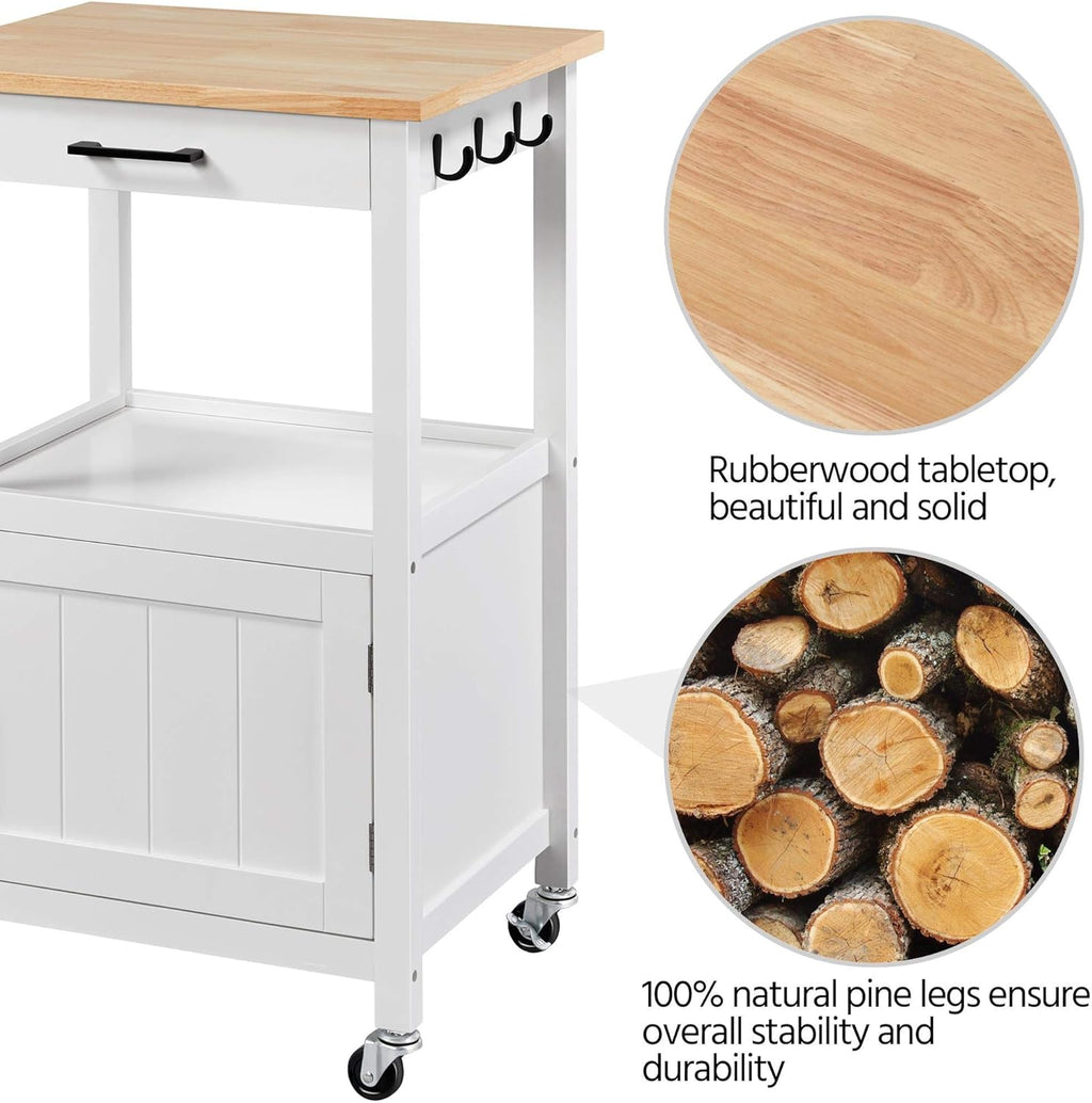 Yaheetech Kitchen Island Cart with Storage, Rolling Kitchen Island on Wheels with 6 Side Hooks, Wood Top Microwave Cart with Drawer for Dining Room, White