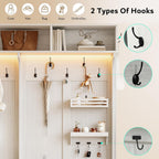 iPormis 70“ Large Hall Tree with Bench and Adjustable Shoe Storage, 6-in-1 Farmhouse Entryway Bench w/Coat Rack, Top Storage, Small Shelves for Entryway, Living Room, Led Lights, White