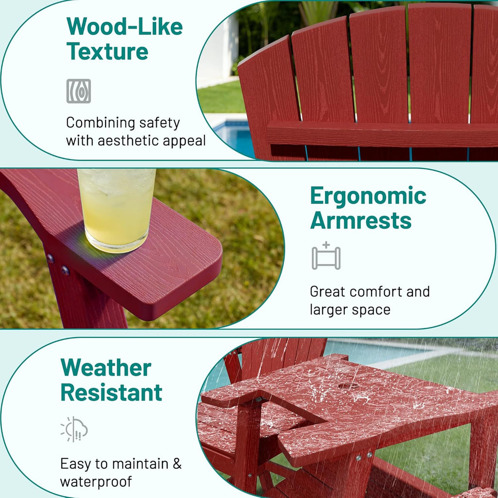 PLUUV Tall Adirondack Chairs Set of 2 with Double Connecting Trays, All Weather HDPE Bar Height Outdoor Chairs, Outdoor Adirondack Barstools with Umbrella Hole for Balcony, Patio, Backyard, Reddish