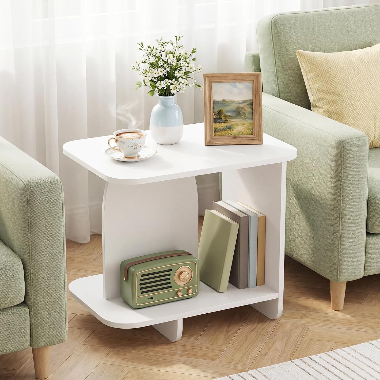 Giantex 2-Tier End Table, Modern Sofa Side Table with Open Storage Shelf, Wooden Bedside Night Stand for Bedroom Living Room Study Small Spaces, Easy Assembly, White (1)
