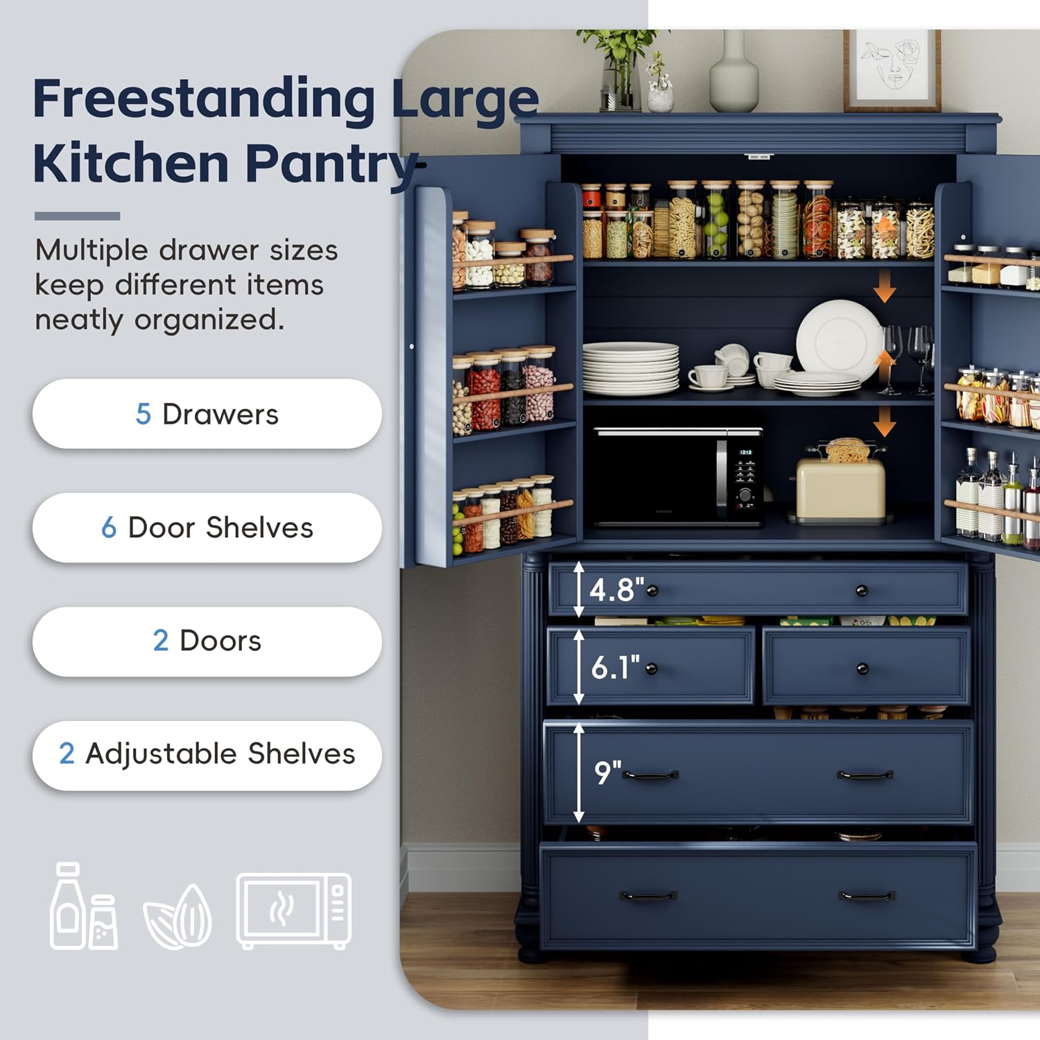 Freestanding 77.3" Tall Storage Cabinet, Wooden Pantry，Blue | Retro Large Kitchen Pantry, 2 Adjustable Shelves, 5 Drawers, 6 Door Shelves