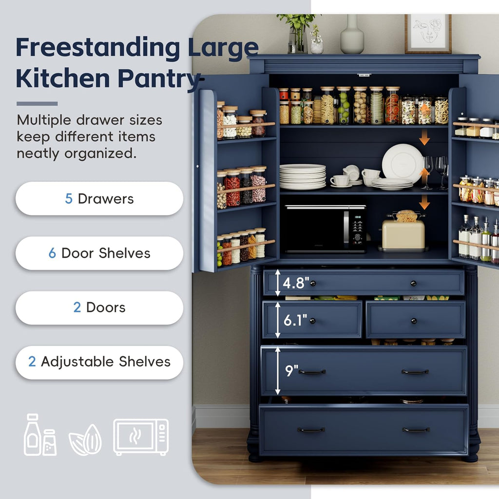 Polibi Large Freestanding Kitchen Pantry, 43.3"x20"x77.3" Tall Storage Cabinet with 5 Drawers, 2 Adjustable Shelves & 6 Door Shelves, Vintage Blue Cupboard for Organization