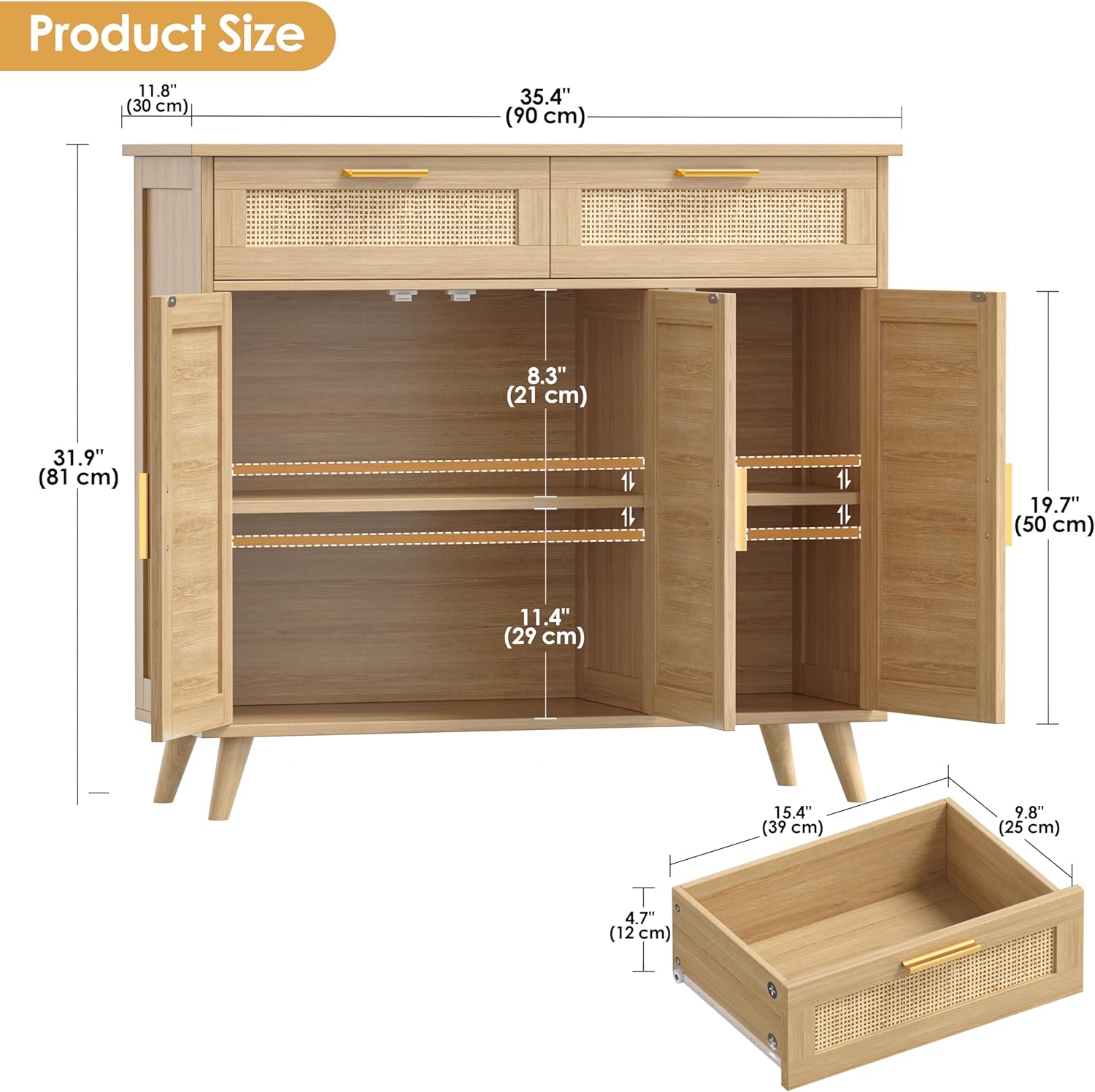 Akxomel Rattan Sideboard Buffet Cabinet with Storage, 35.4" W Buffet Cabinet with 2 Drawers and 3 Doors, Sideboard Storage Cabinet with Adjustable Shelves for Kitchen, Living Room, Natural Oak