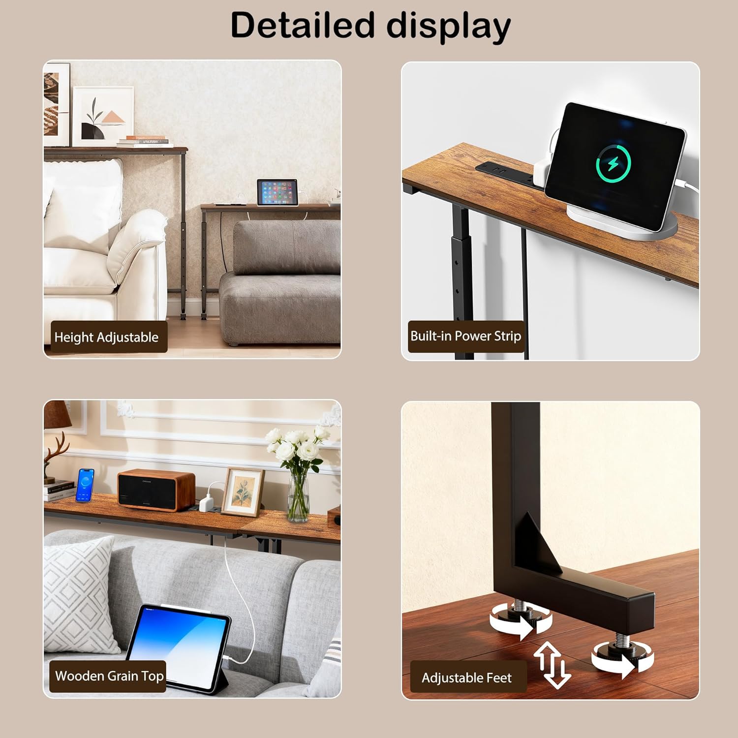Adjustable Height Narrow Sofa Table with Built-in Power Outlets, 78" Long Console Table Behind Couch Table with Charging Station Skinny Entryway Table for Living Room & Hallway (Rustic Brown)
