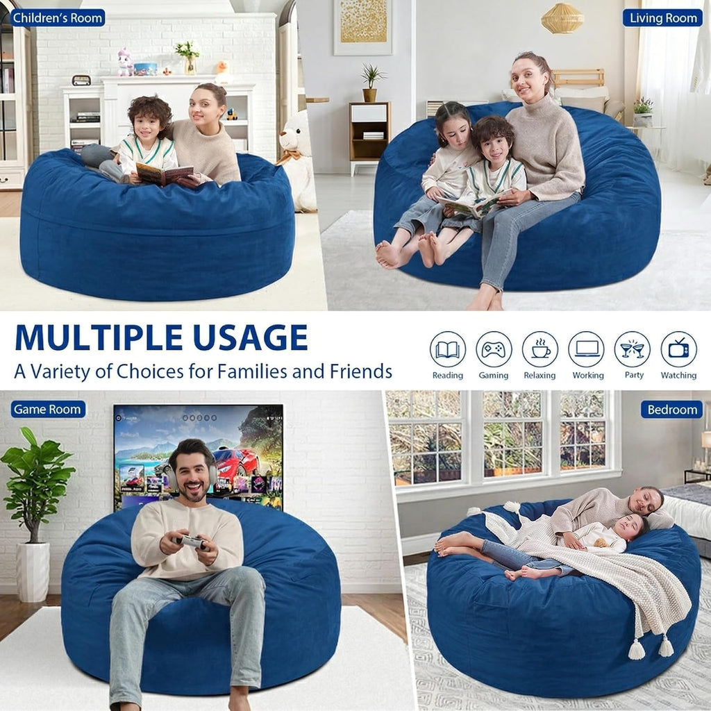 3FT Bean Bag Chair, Comfy Bean Bag Chairs with Memory Foam Filled, Fluffy Beanbag Sofa with Dutch Velvet Cover, Round BeanBag Chairs for Living Room, Playroom - Blue