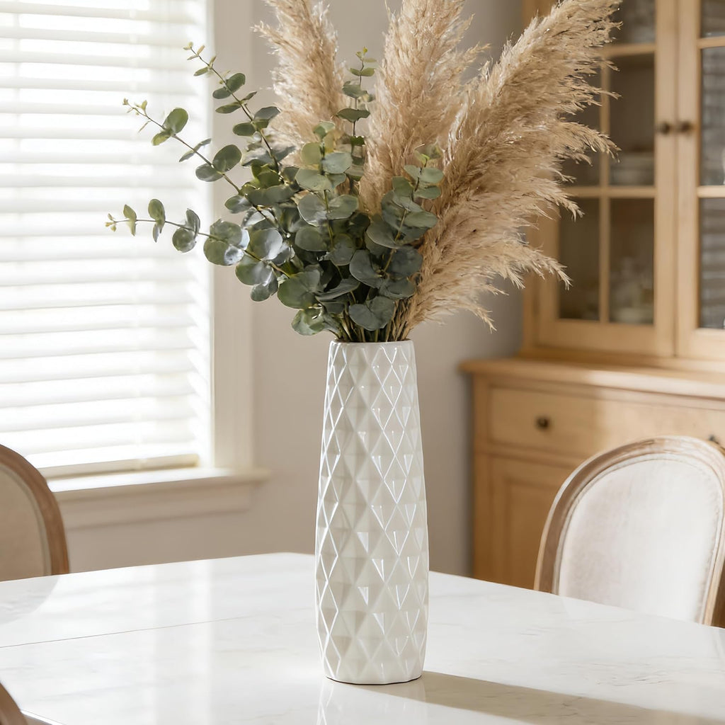12 Inch White Vase Ceramic Flower Vase, Tall Vases for Pampas Grass, Home Decor, Modern Textured Vases for Living Room Decorations,Table Centerpieces,Shelf,Farmhouse Small Ceramic Vase