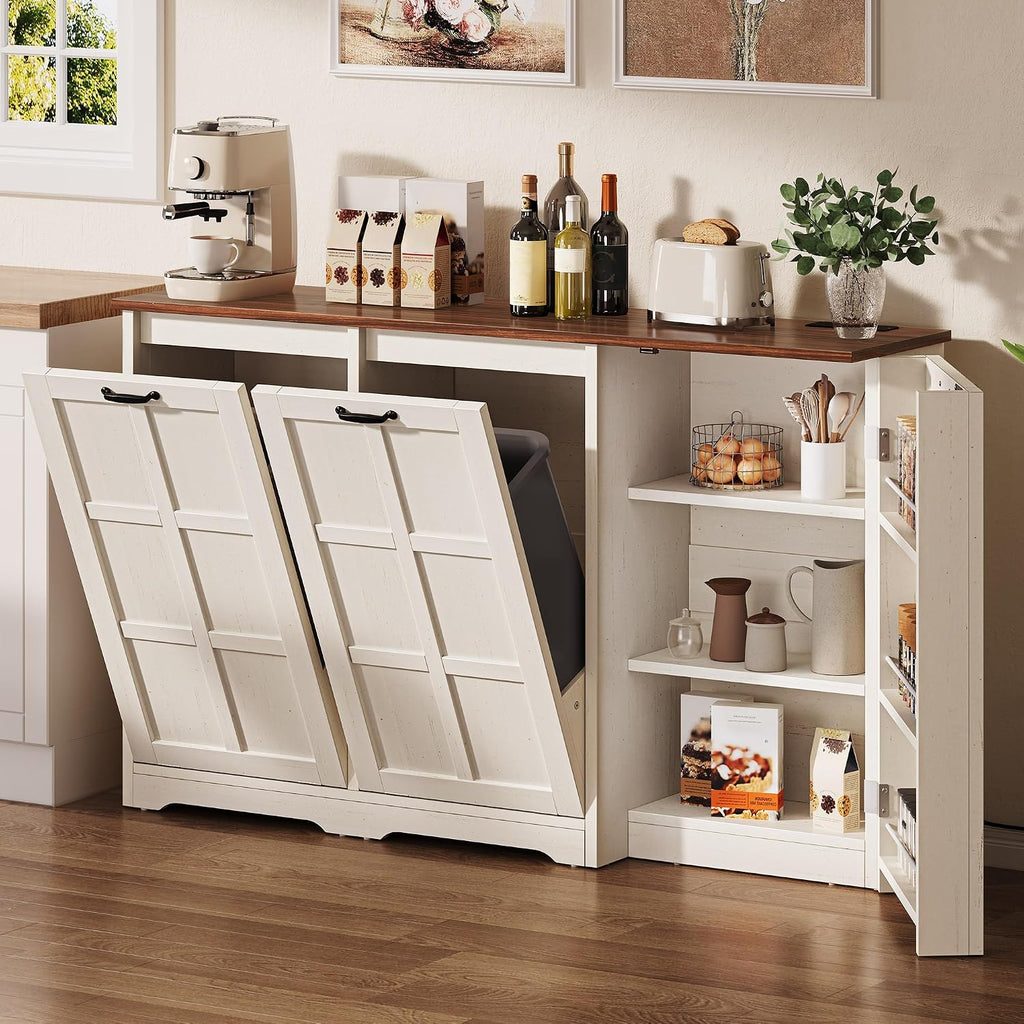 YITAHOME Farmhouse Kitchen Island with Power Outlet, Kitchen Storage Island with 2 Tilt-Out Compartments for 13 Gallon Trash Bins, Adjustable Shelf