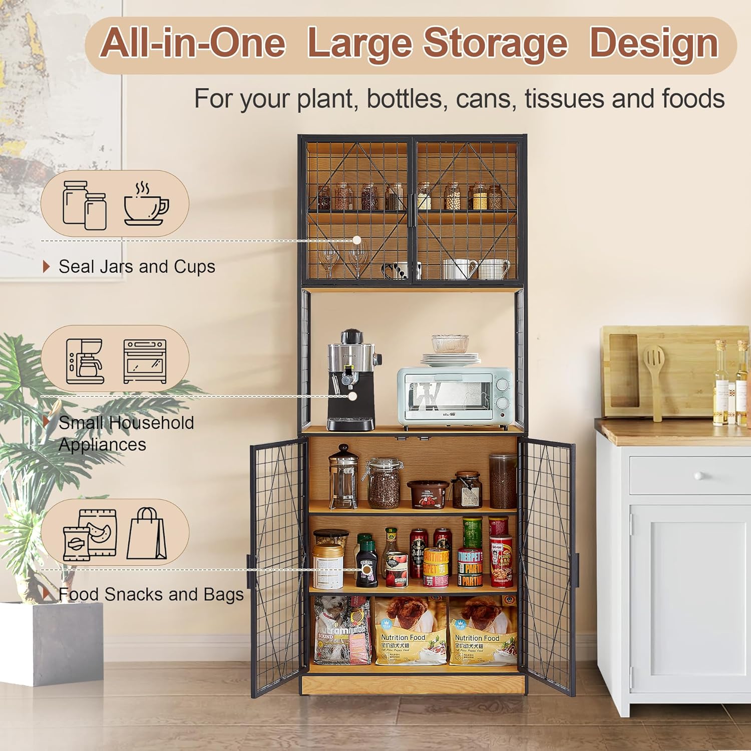 VECELO 72in Tall Kitchen Pantry Cabinet Set of 2 with Doors and Shelves, Large Freestanding Storage Cupboard with Countertop Hutch, Oak