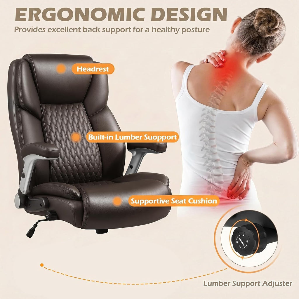 LEMBERI 500lbs Big and Tall Office Chair, Heavy Duty Executive Chair, High Back Desk Chair, Adjustable Lumbar Support, Pocket Spring Cushion, for Heavy People (Brown)