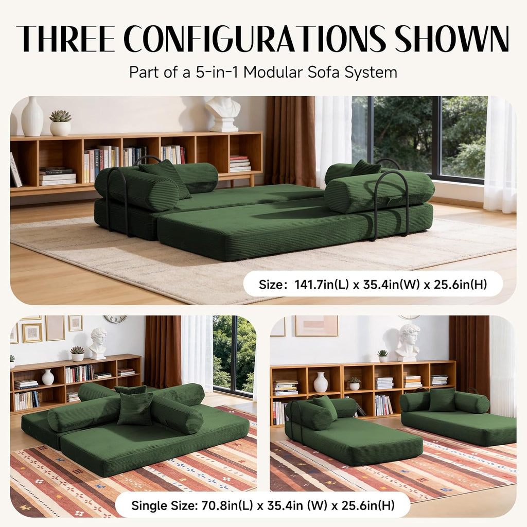 79" Corduroy Sofa Bed, Boneless Couch in a Box with 2 Pillows, High-Density Foam 4-in-1 Foldable Sleeper Futon Loveseat for Small Spaces, No Assembly, Side Pockets, Hex Arm Hunter Green
