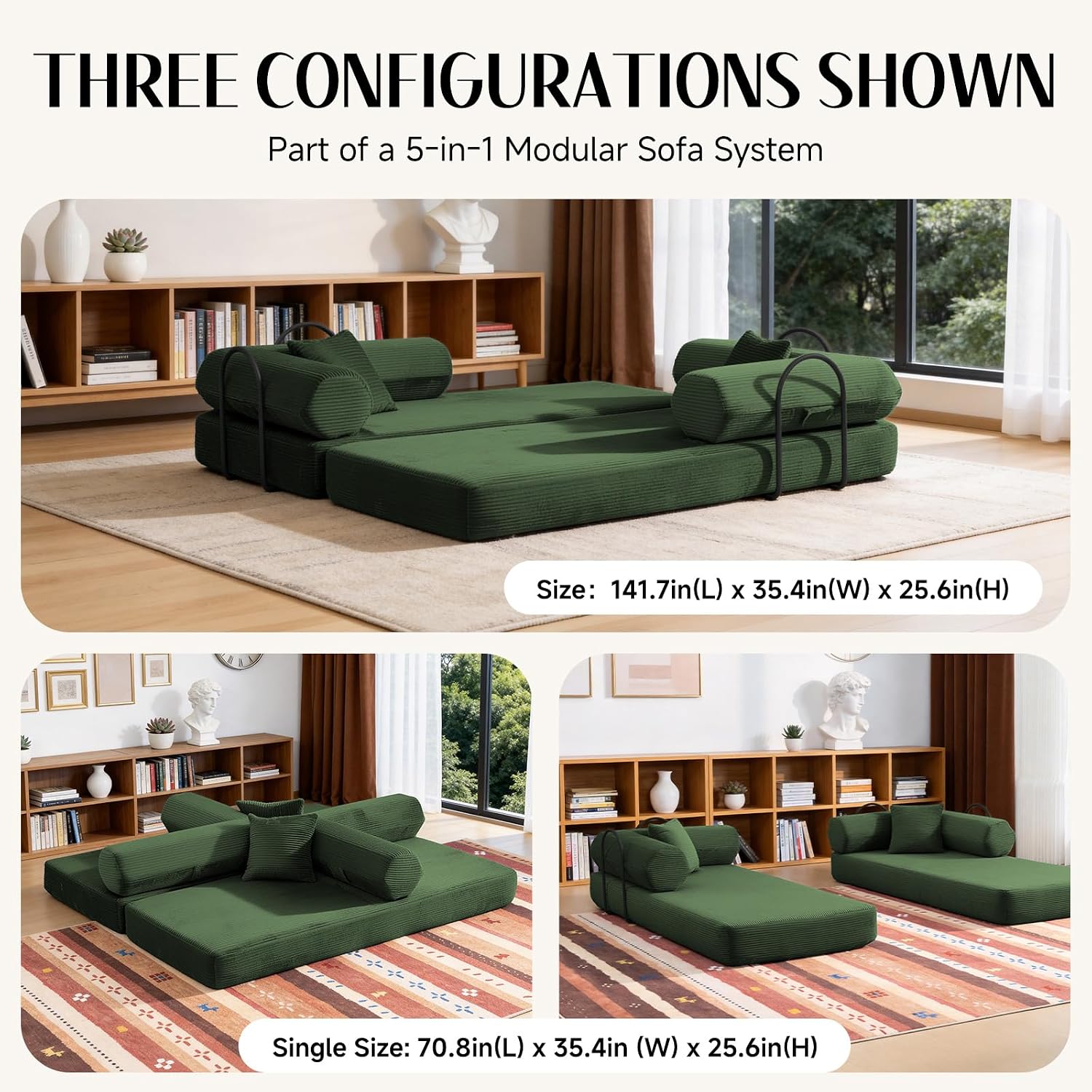 79" Corduroy Sofa Bed, Boneless Couch in a Box with 2 Pillows, High-Density Foam 4-in-1 Foldable Sleeper Futon Loveseat for Small Spaces, No Assembly, Side Pockets, Hex Arm Hunter Green