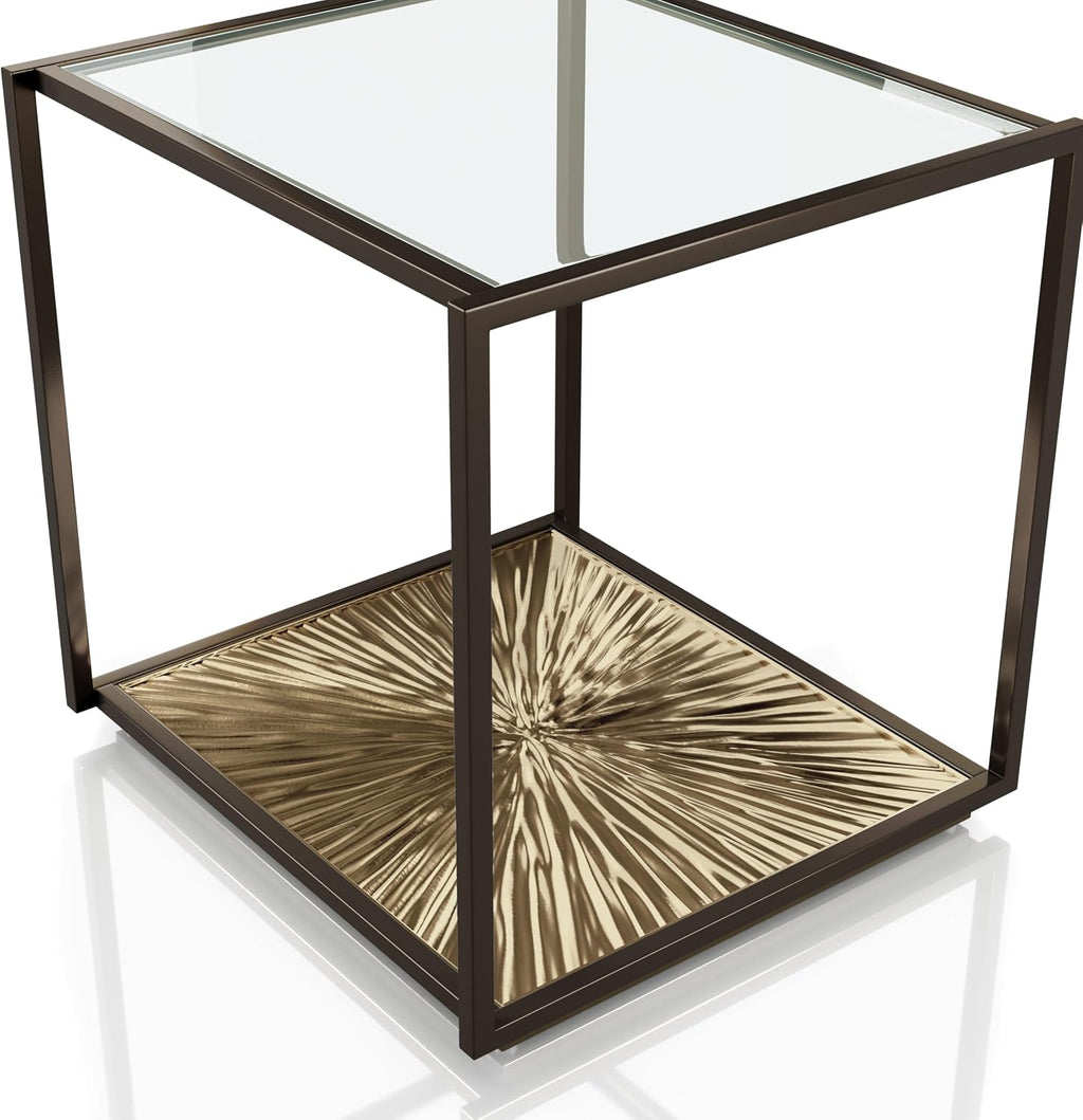 24/7 Shop at Home Aureum Modern 24-inch 1-Shelf Glass Top End Table with Sunburst Bottom Panel, Metal Frame for Living Room, Office, Antique Gold & Black