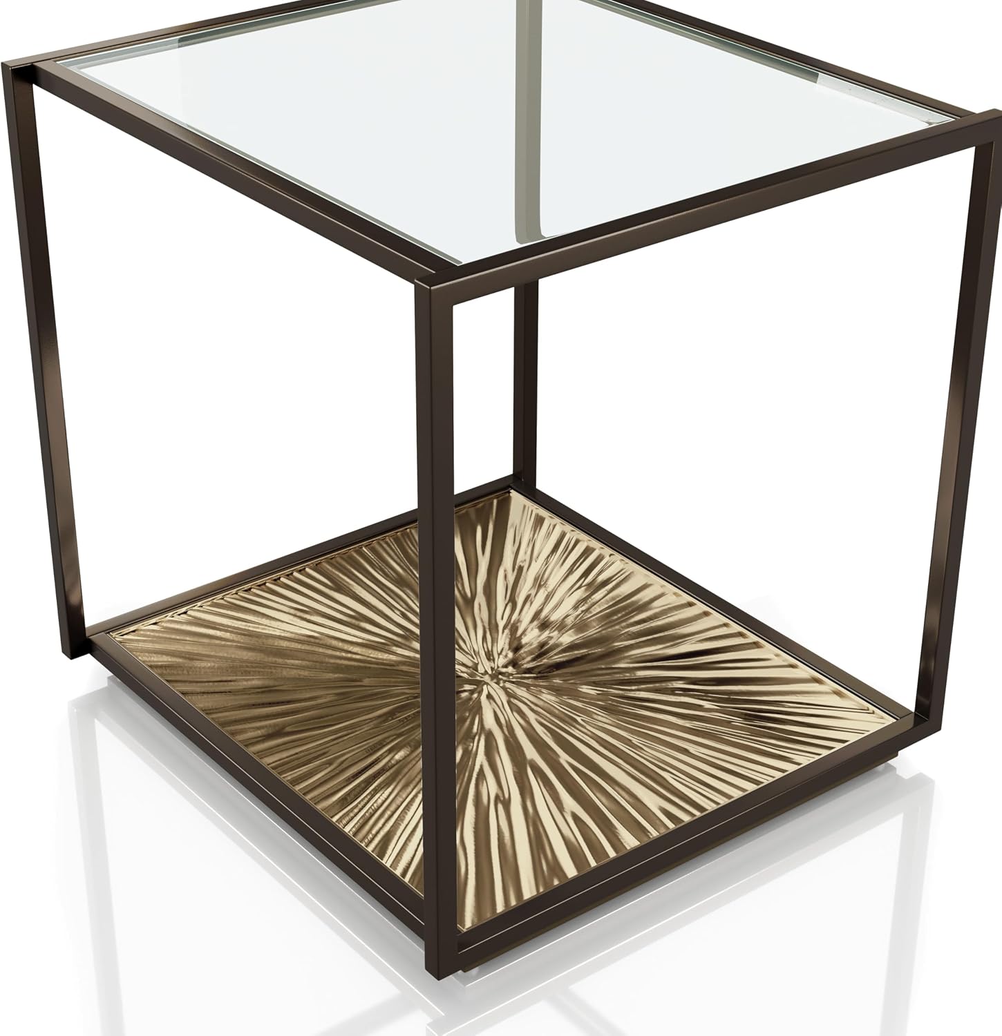 24/7 Shop at Home Aureum Modern 24-inch 1-Shelf Glass Top End Table with Sunburst Bottom Panel, Metal Frame for Living Room, Office, Antique Gold & Black