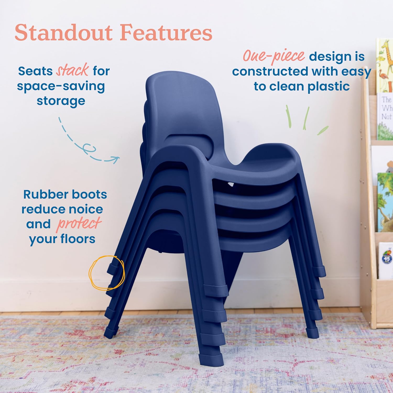 ECR4Kids Plastic Stackable SitRight Chair, 11in, Classroom Furniture, Navy, 4-Pack