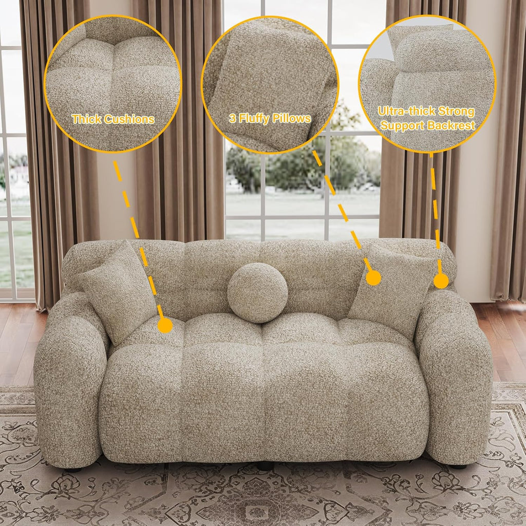 DAMAIFROM 65" Chenille Cloud Sofa Couch, Modern Deep Seat Loveseat Sofa, Comfy Upholstered Couch with 3 Pillows, Oversized Accent Armchair for Living Room Apartment Office, Light Brown