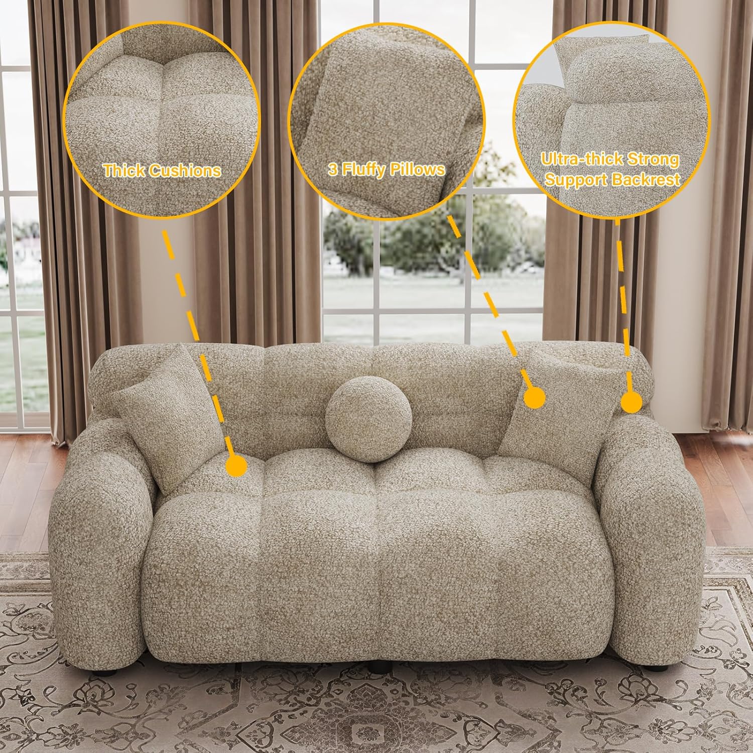 DAMAIFROM 65" Chenille Cloud Sofa Couch, Modern Deep Seat Loveseat Sofa, Comfy Upholstered Couch with 3 Pillows, Oversized Accent Armchair for Living Room Apartment Office, Light Brown