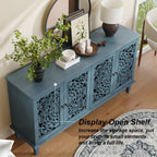 Sideboard Buffet Credenza Cabinet, 4-Door Hollow-Carved Accent Buffet, 60" Large Vintage Distressed Sideboard Storage Cabinet for Kitchen, Living Room,Entryway, Blue