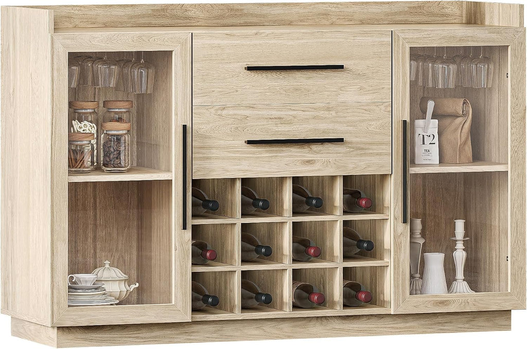 BELLEZE 55" Wine Cabinet, Sideboard Buffet with Wine Rack and Glass Holder, Home Coffee Bar Freestanding Liquor Cabinet with Display Glass Doors for Living Room, Dining Room - Marcel (White Lotus)