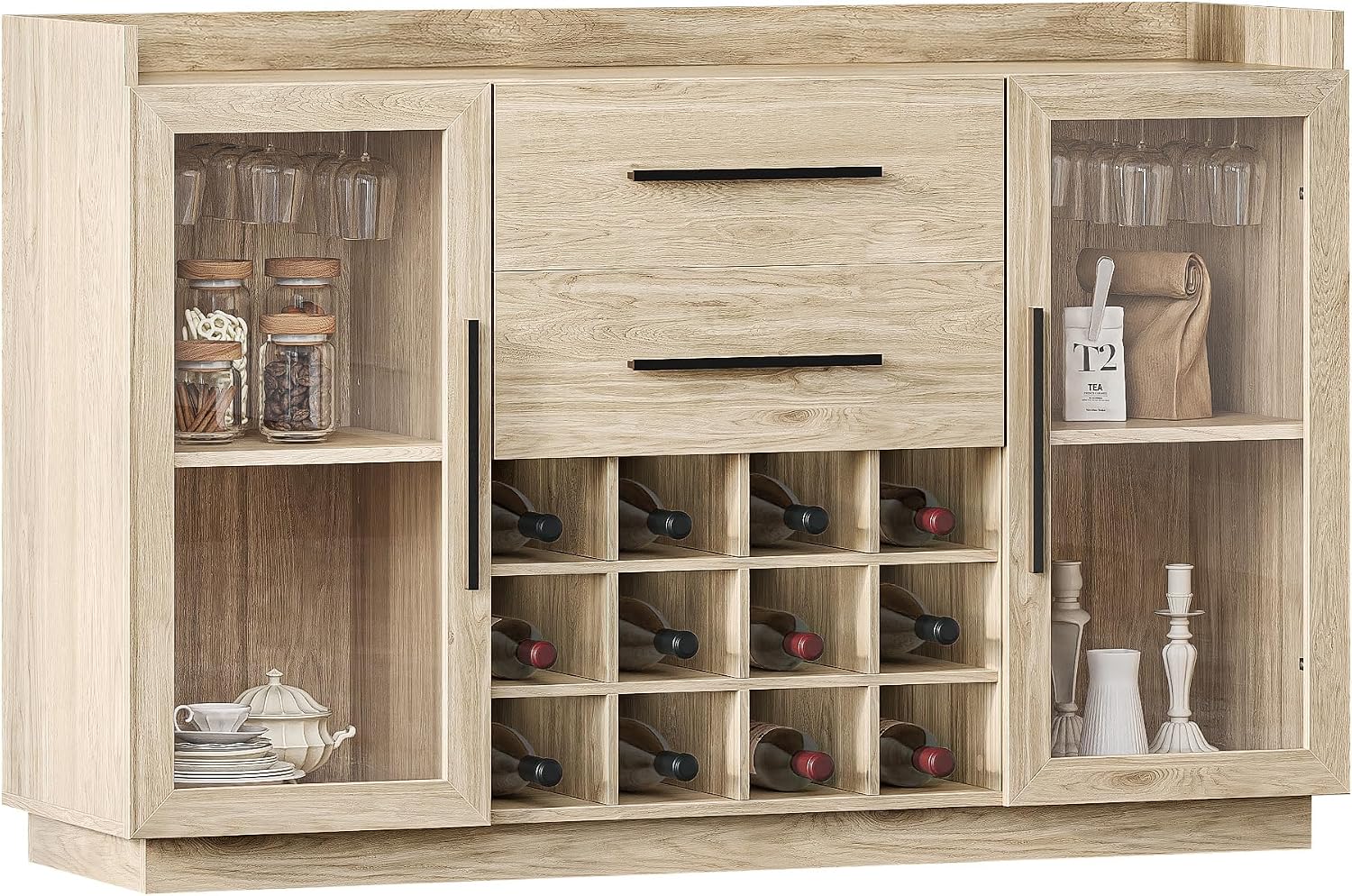 BELLEZE 55" Wine Cabinet, Sideboard Buffet with Wine Rack and Glass Holder, Home Coffee Bar Freestanding Liquor Cabinet with Display Glass Doors for Living Room, Dining Room - Marcel (White Lotus)