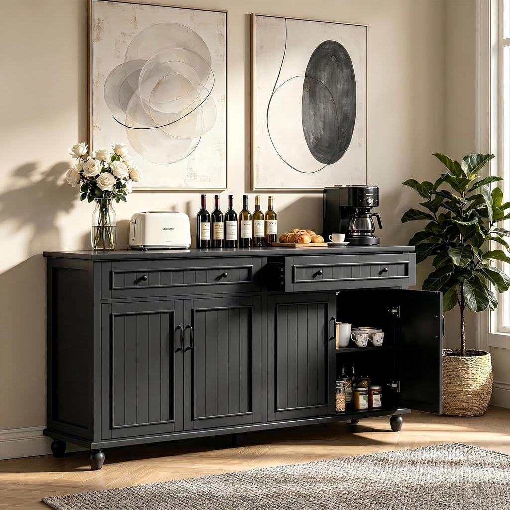 Scurrty Sideboard Buffet Cabinet, 62'' Large Storage Cabinet with Drawers and 4 Doors, Vintage Coffee Bar Cabinets with Adjustable Shelf for Kitchen, Living Room, Black