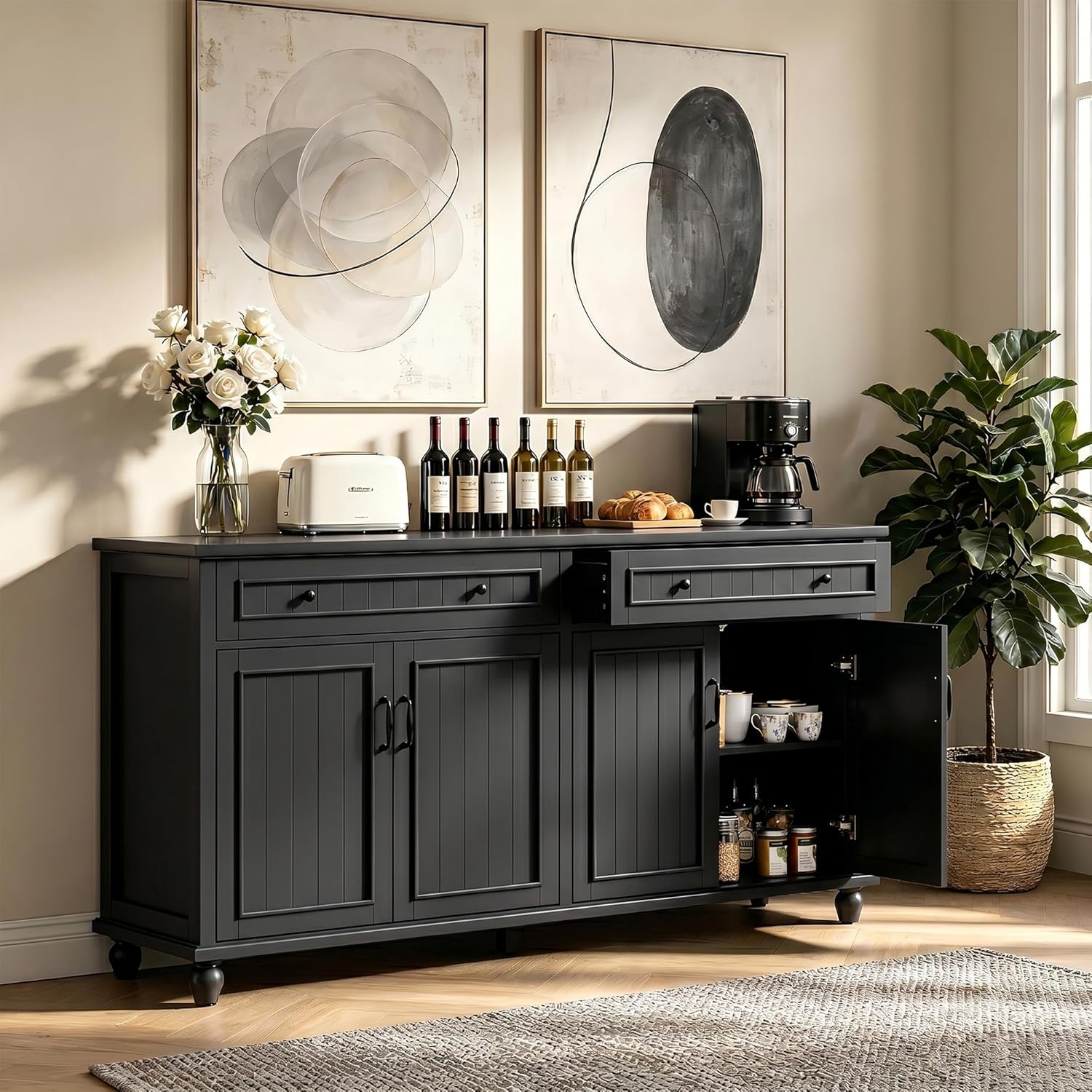 Scurrty Sideboard Buffet Cabinet, 62'' Large Storage Cabinet with Drawers and 4 Doors, Vintage Coffee Bar Cabinets with Adjustable Shelf for Kitchen, Living Room, Black