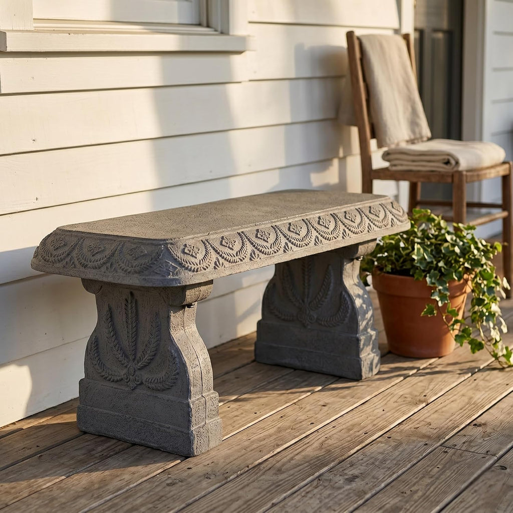 Basalt Grey Garden Bench - Outdoor Benches Weatherproof - Front Porch Seating for Patio Yard - Outdoor Seat Backless Decorative Pedestal Garden Furniture - Realistic Stone Look - Concrete Look