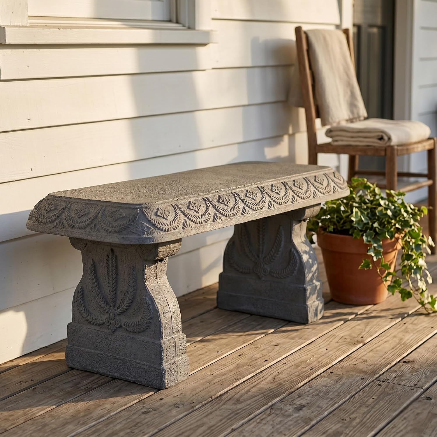Basalt Grey Garden Bench - Outdoor Benches Weatherproof - Front Porch Seating for Patio Yard - Outdoor Seat Backless Decorative Pedestal Garden Furniture - Realistic Stone Look - Concrete Look