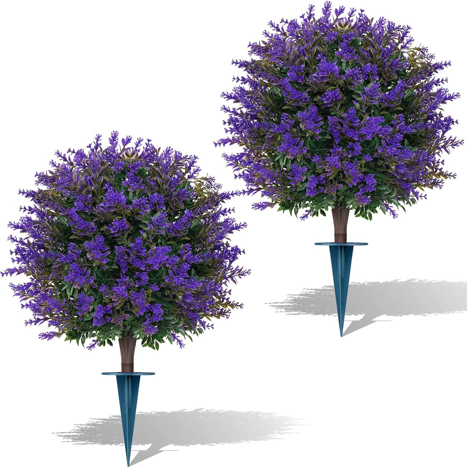 Yangrass Artificial Lavender Boxwood Topiary Ball Trees, 2 Pack Artificial Outdoor Shrubs with Spike, UV Resistant Fake Bushes Plants for Outside Indoors Garden Front Porch