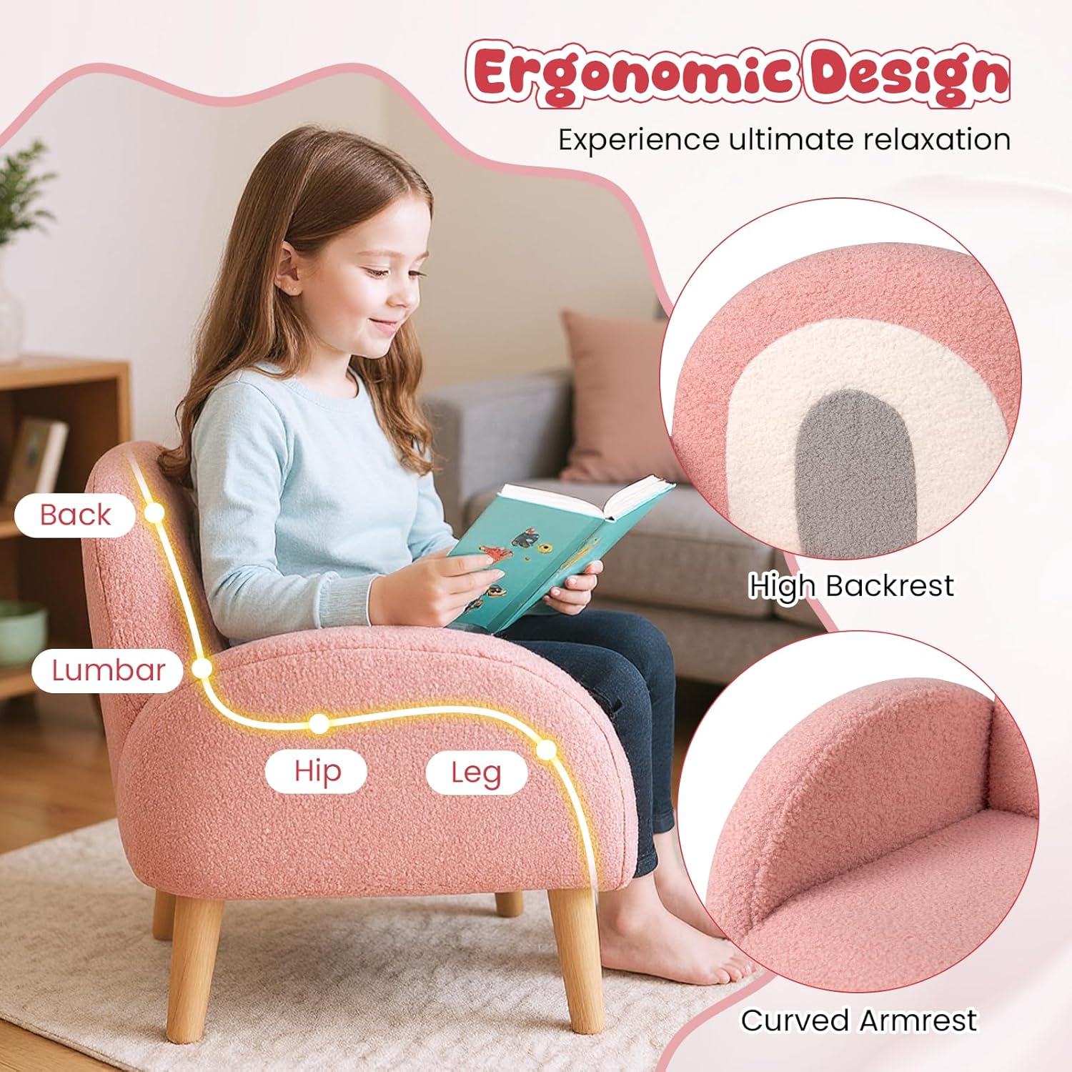 Costzon Kids Sofa, Children Pink Armchair with Solid Wood Frames, Plush Fabric, Anti-Tip Design, Floor Reading Sofa Chair for Playroom, Kids Room, Nursery, Toddler Couch Chair Comfy for Boys Girls