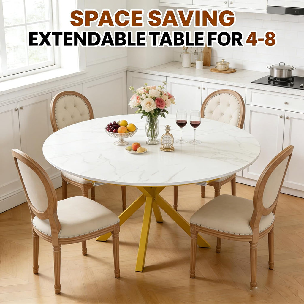 42''-59'' Extendable Dining Room Table for 4-6, White Marble Round Dining Table, Modern Kitchen Circle Oval Dinner Table with Carbon Steel Base Removable Leaves Space Saving, Mid-Century