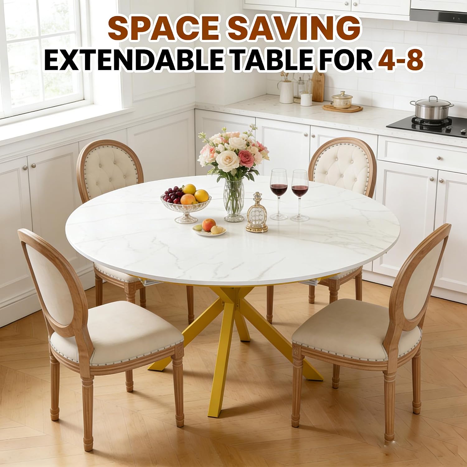 42''-59'' Extendable Dining Room Table for 4-6, White Marble Round Dining Table, Modern Kitchen Circle Oval Dinner Table with Carbon Steel Base Removable Leaves Space Saving, Mid-Century