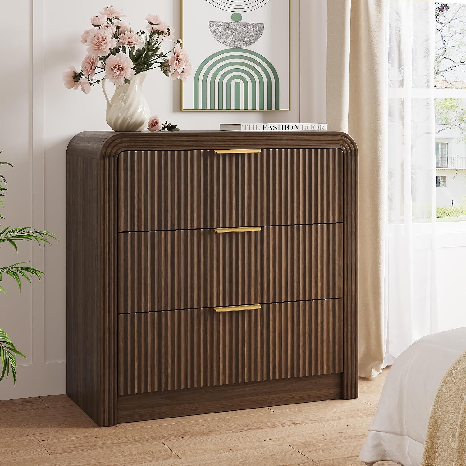 31.5" Wide Oversized Fluted Nightstand, Curved Profile Design, Modern Beside Table with 3 Large Storage Drawers, End Table for Bedroom (Walnut) | Modern Beside Table with Curved Profile Design, End Table for Bedroom