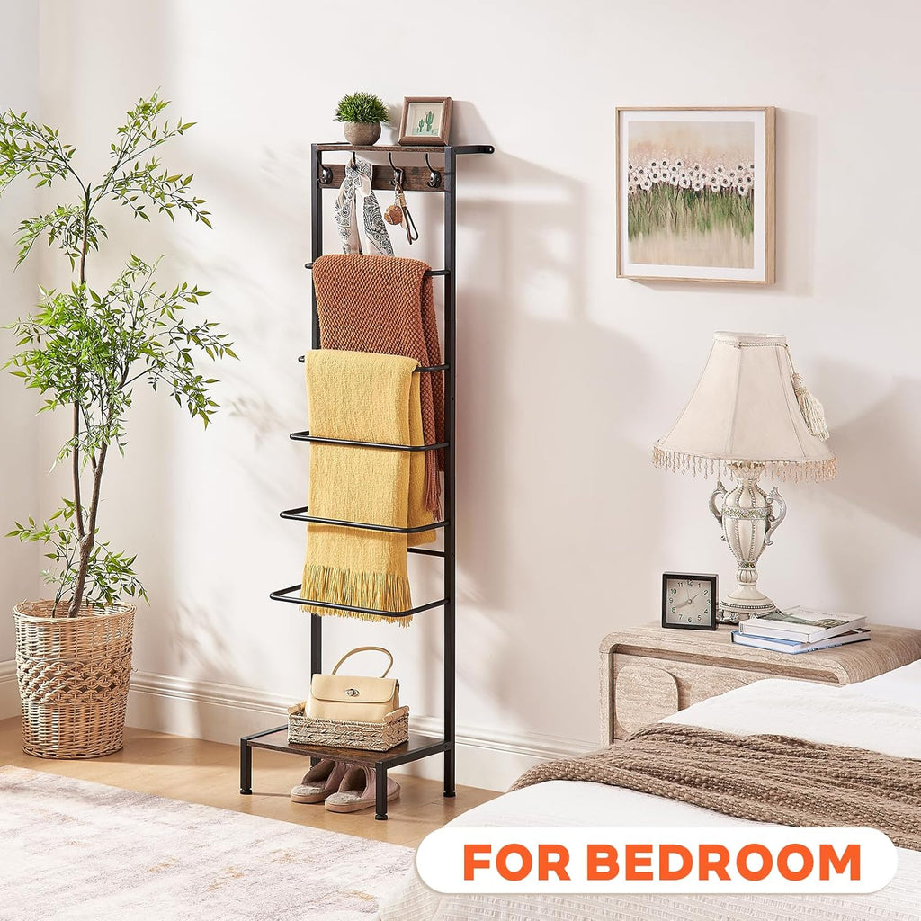 DGWJSU 7 Tier Blanket Ladder for The Living Room and Bedroom, 5.12 Ft Farmhouse Ladder Shelf with 2-Tier Storage Rack, Decorative Ladder with 4 Coat Hooks, Blanket Rack,Ladder Shelves