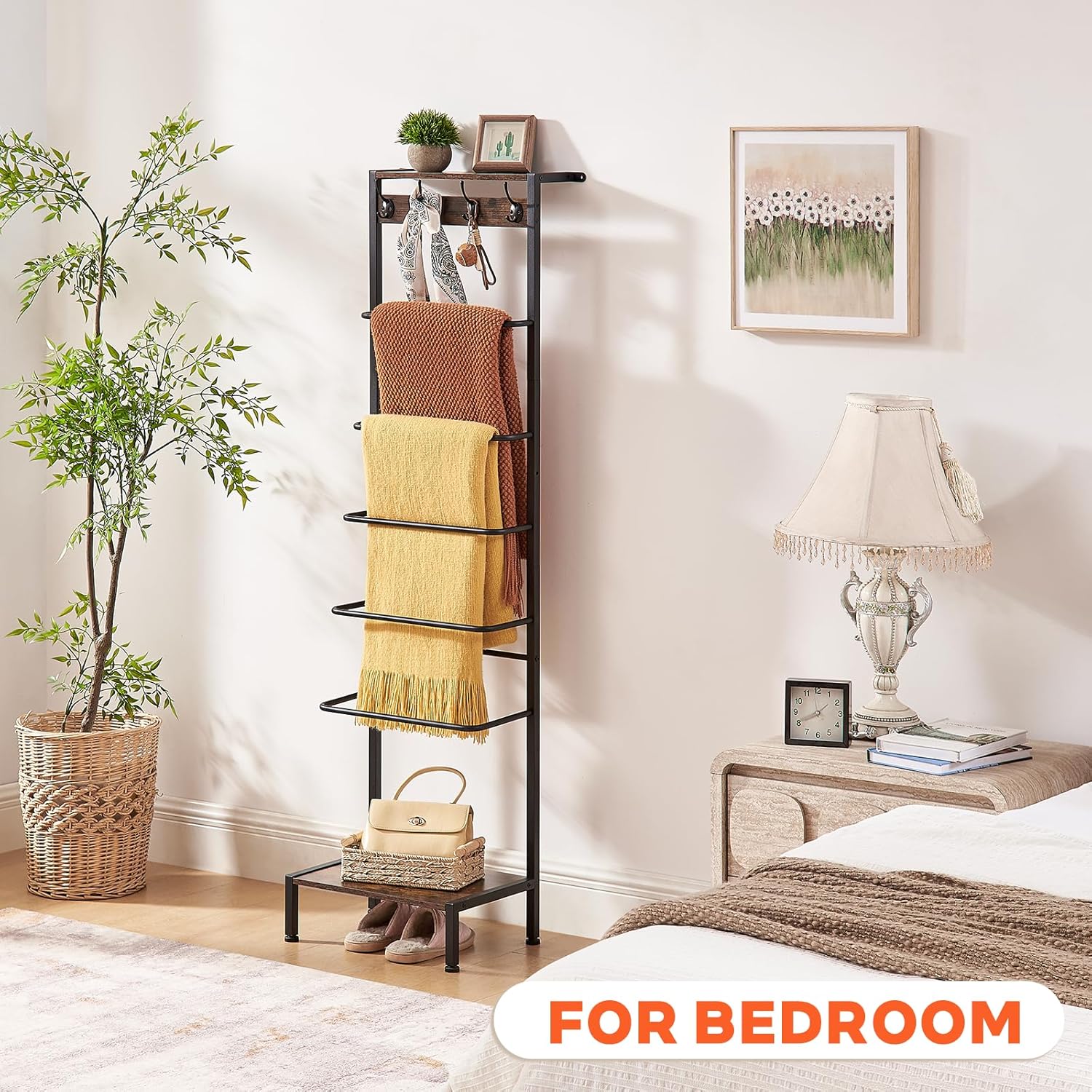 DGWJSU 7 Tier Blanket Ladder for The Living Room and Bedroom, 5.12 Ft Farmhouse Ladder Shelf with 2-Tier Storage Rack, Decorative Ladder with 4 Coat Hooks, Blanket Rack,Ladder Shelves