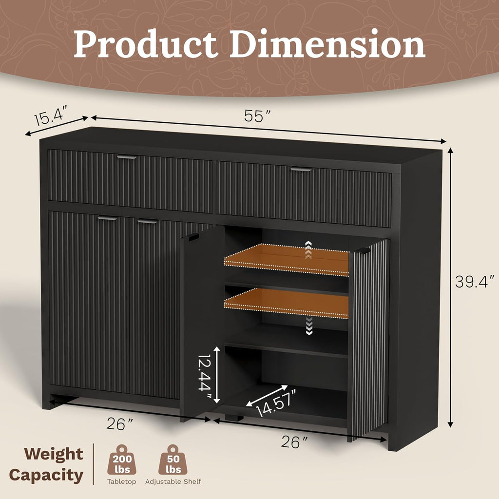 55" W Fluted Buffet Cabinet with Storage Accent Sideboard with 2 Drawers & 4 Doors,Wood Console Coffee Bar Table with Adjustable Shelves for Living Room,Kitchen and Dining Room