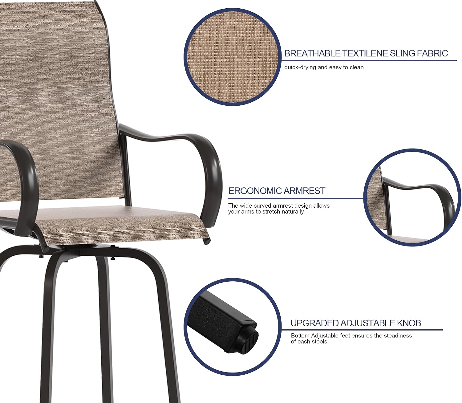 UDPATIO Outdoor Swivel Bar Stools Set of 4,Outdoor High Bistro Stools with Waterproof Textile Fabric,Armrest,Footrest,All Weather Bar Height Patio Chairs for Poolside, Garden, Backyard,Brown