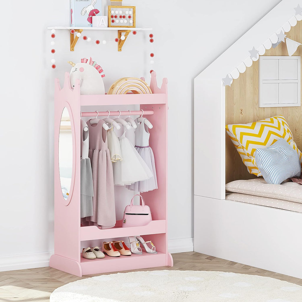 UTEX Kids Dress up Storage with Crown-Shaped Top and Mirror | Open Hanging Armoire Closet, Kids Wardrobe Closet, Water-based Paint
