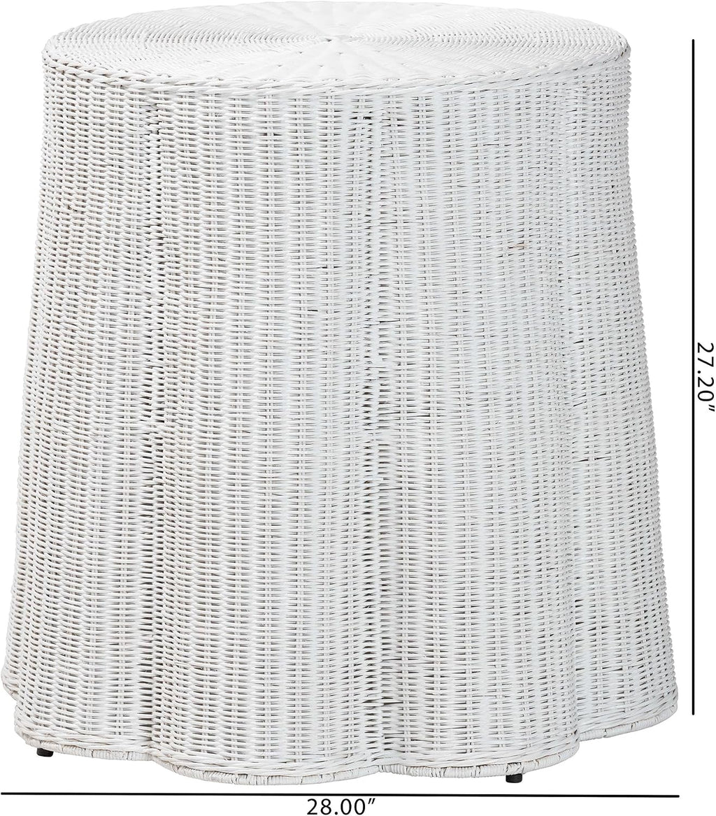 Bali & pari Palm Scallop Rattan Console Table – Handwoven Wicker Round Accent Table for Living Room, Sunroom or Foyer Place, Coastal Boho Style in White
