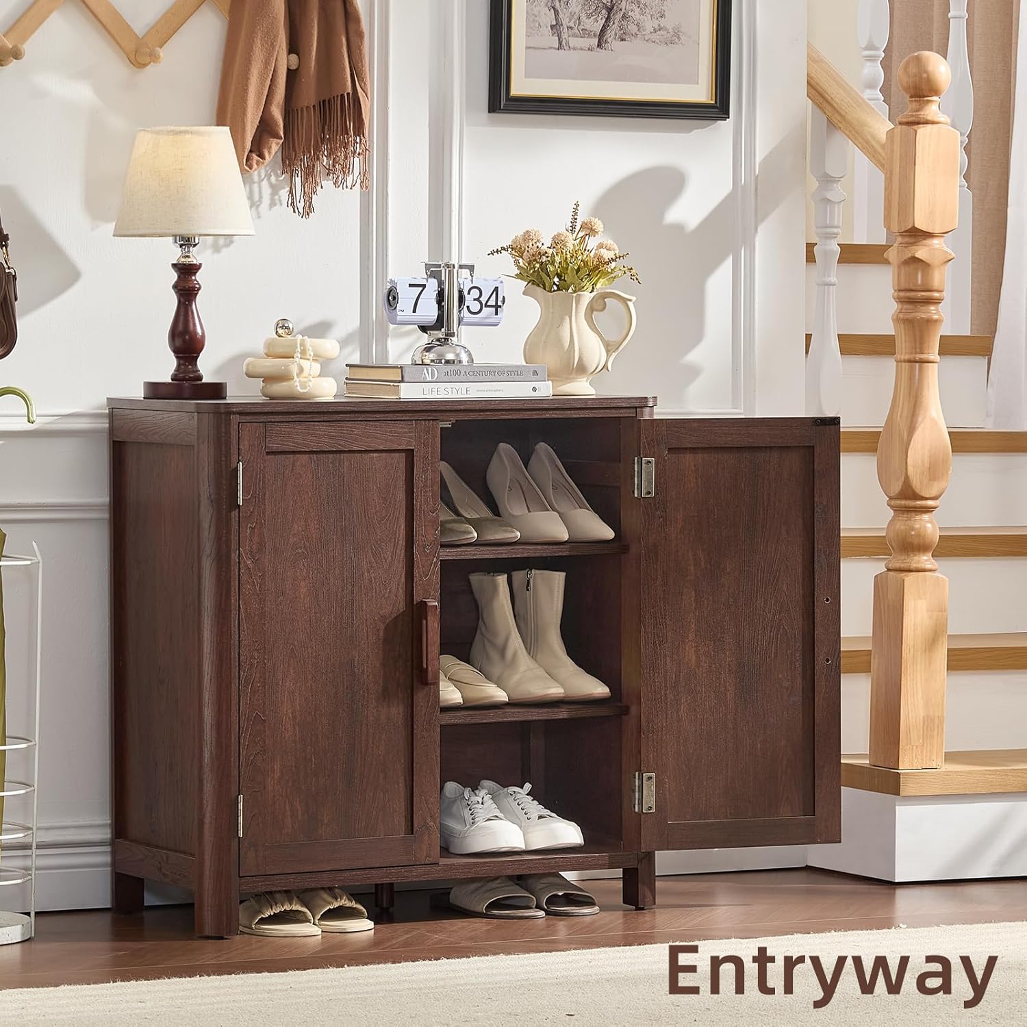 Joaxswe Sideboard Buffet Cabinet with Storage, 31.5" Arc-Shaped Credenza with 2 Doors & Adjustable Shelves, Mid Century Modern Coffee Bar Storage Cabinet for Kitchen, Living Room, Entryway, Walnut
