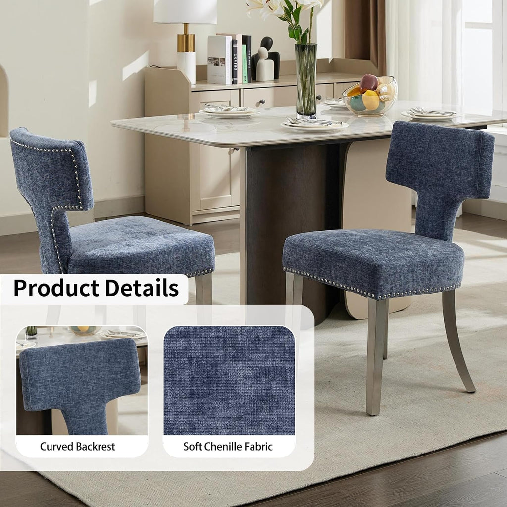 Shenyon Mid Century Modern Dining Chairs Set of 4, Chenille Fabric Upholstered Dining Room Chairs Curved Backrest with Nailhead Trim, Kitchen Chairs with Silver Stainless Steel Legs, Blue