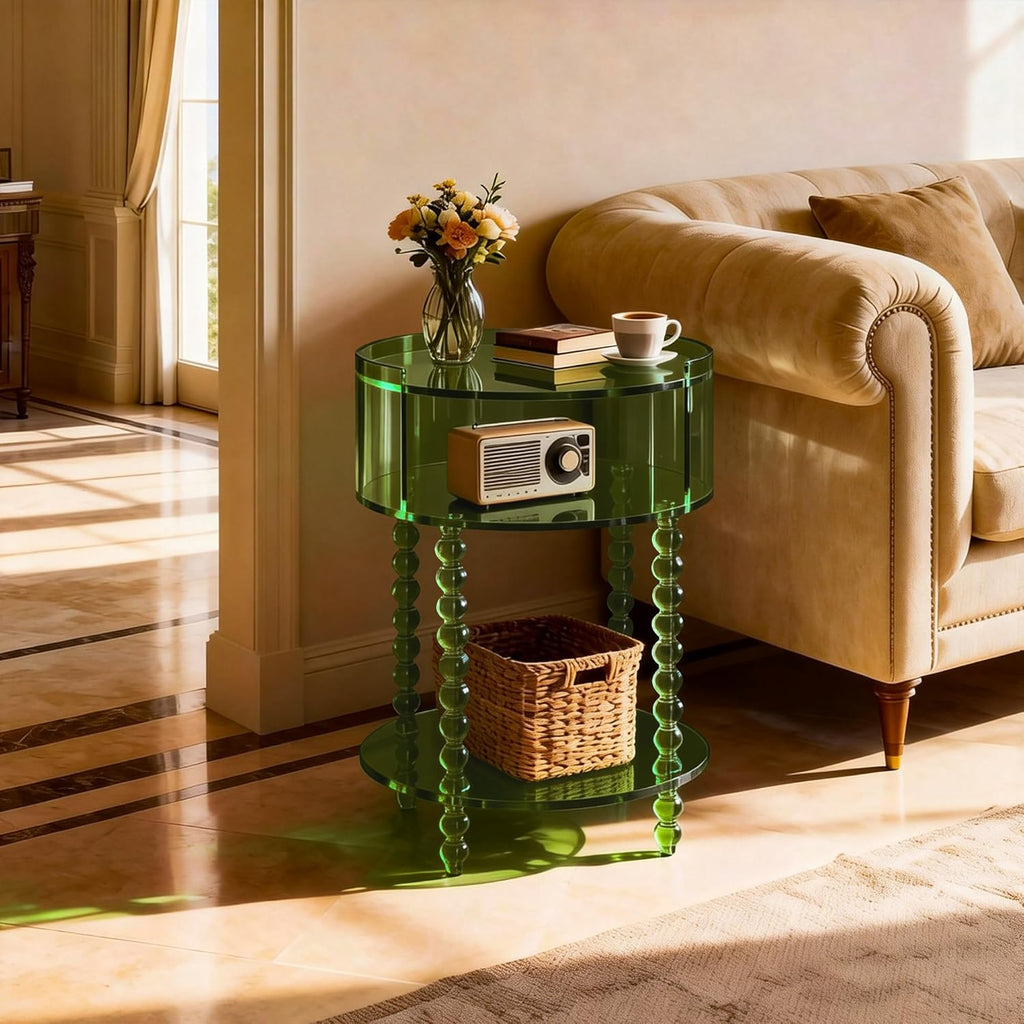 Modern Acrylic Round Side Table, End Table for Living Room, Clear Nightstand for Bedroom, Lobby and Office, Easy Assembly (Green, Nomal)
