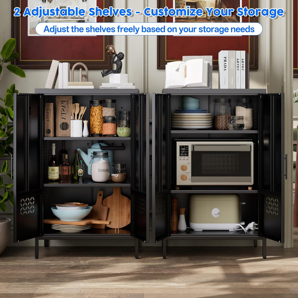 Metal Storage Cabinet with 2 Adjustable Shelves,Metal Buffet Sideboard Cabinet with 2 Doors for Home,Office, 42" H x 26" W x 14" D,Assembly Required,Black
