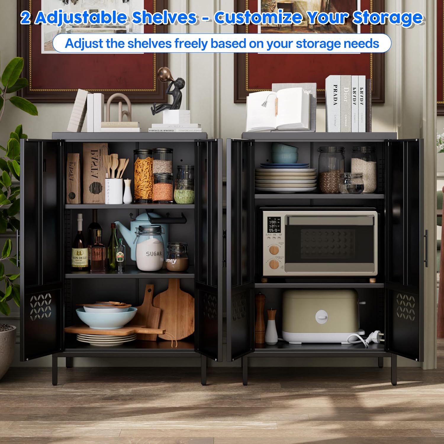 Metal Storage Cabinet with 2 Adjustable Shelves,Metal Buffet Sideboard Cabinet with 2 Doors for Home,Office, 42" H x 26" W x 14" D,Assembly Required,Black