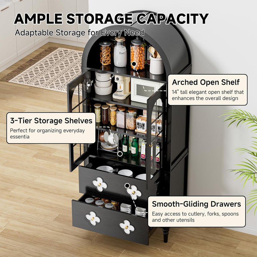 DoCred 71" Tall Arched Kitchen Pantry with Glass Doors, Retro Wood Arched Cabinet, Luxury Arch Bookshelf, 4 Shelves & 2 Drawers, Storage Cabinet for Kitchen, Dining Room, Living Room,Black