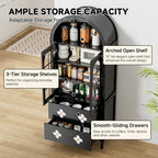 DoCred 71" Tall Arched Kitchen Pantry with Glass Doors, Retro Wood Arched Cabinet, Luxury Arch Bookshelf, 4 Shelves & 2 Drawers, Storage Cabinet for Kitchen, Dining Room, Living Room,Black