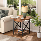 GreenForest Square End Table for Living Room, 20 Inch Large Side Table with X-Frame, Farmhouse Tall Bedside Nightstand with 2-Tier Storage Shelf, Rustic Walnut