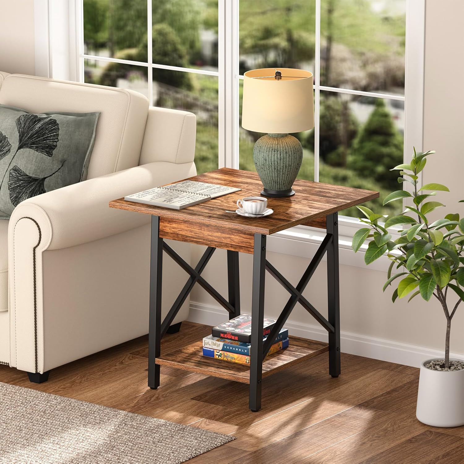 GreenForest Square End Table for Living Room, 20 Inch Large Side Table with X-Frame, Farmhouse Tall Bedside Nightstand with 2-Tier Storage Shelf, Rustic Walnut
