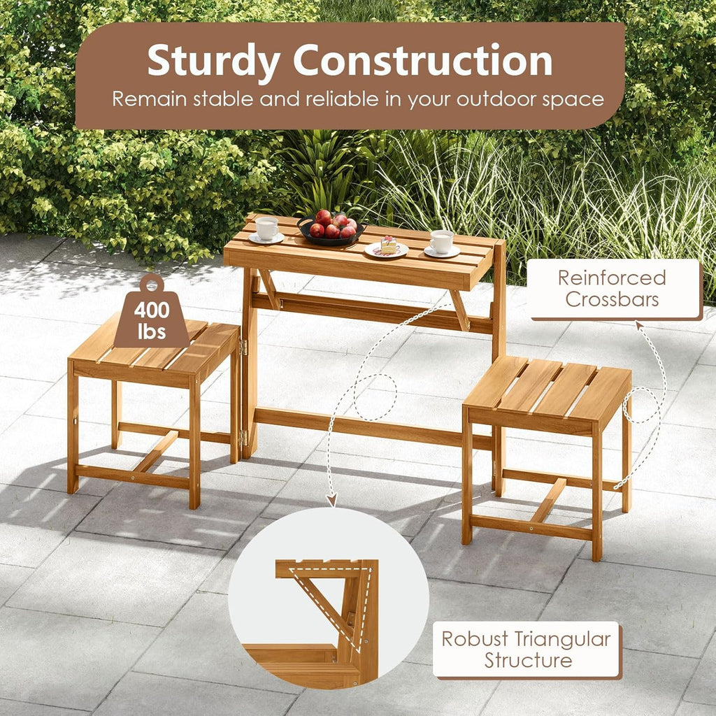 Tangkula 3-in-1 Convertible Bench Bar Table, Space-Saving Patio Convert A Bench with Balcony Plant Rack Design, Outdoor Folding Table and Chairs Set for Garden Porch & Backyard