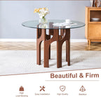 46" Round Tempered Glass Dining Table for 4-6, Mid-Century Modern Glass Dining Room Table with MDF Sculptural Base, Clear Kitchen Dinner Table for Small Space Home Apartment Dining Room,Walnut